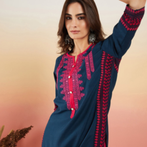 Navy Blue Ethnic Motifs Embroidered Thread Work Straight Kurta